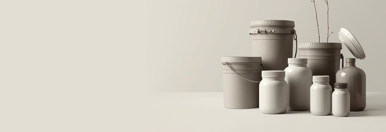 sağ tarafta plastik kova, kavanoz resimleri içeren 1160 piksel genişliğinde 142 piksel yüksekliğinde bir arka plan