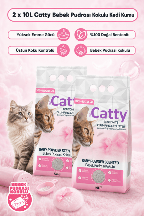 Catty Bebek Pudrası Kokulu Ince Tane Topaklanan Kedi Kumu 10 Lt X 2 Adet