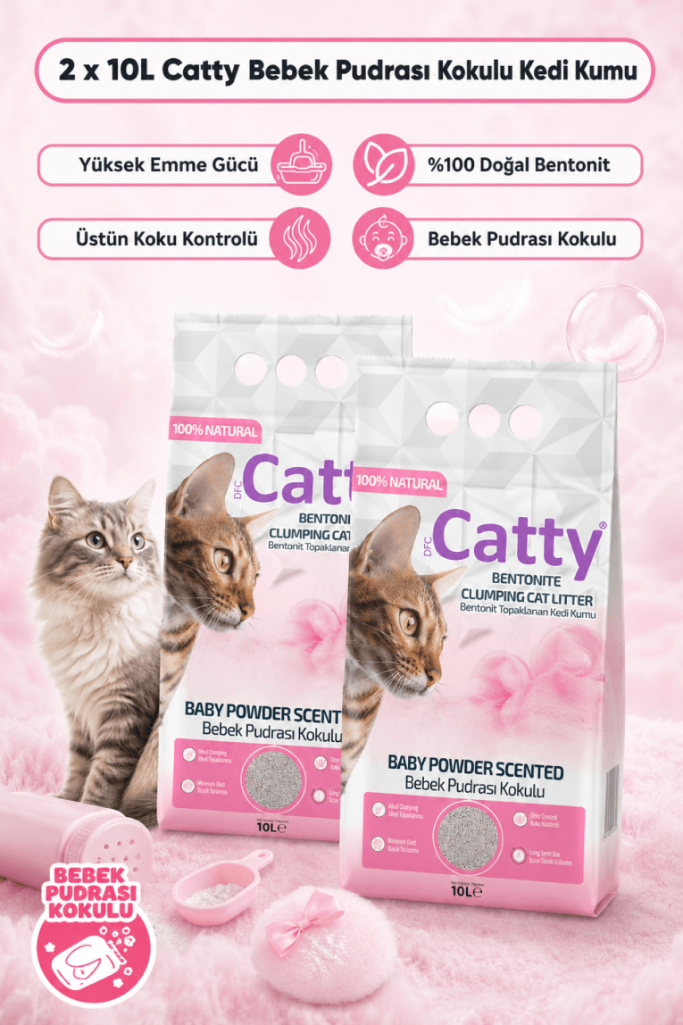 Catty Bebek Pudrası Kokulu Ince Tane Topaklanan Kedi Kumu 10 Lt X 2 Adet