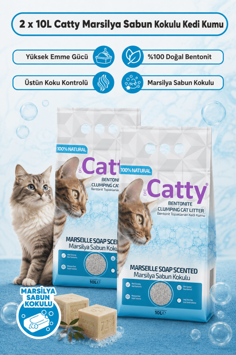 Catty Marsilya Sabunu Kokulu Ince Tane Topaklanan Kedi Kumu 10 Lt X 2 Adet