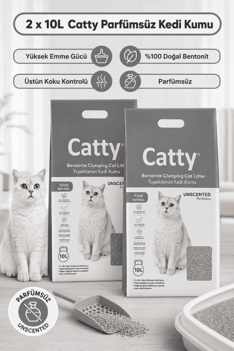 Catty Parfümsüz Ince Tane Topaklanan Kedi Kumu 10 Lt X 2 Adet