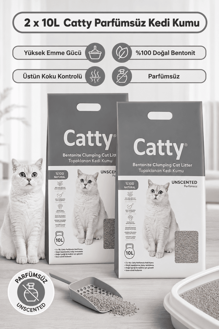 Catty Parfümsüz Ince Tane Topaklanan Kedi Kumu 10 Lt X 2 Adet