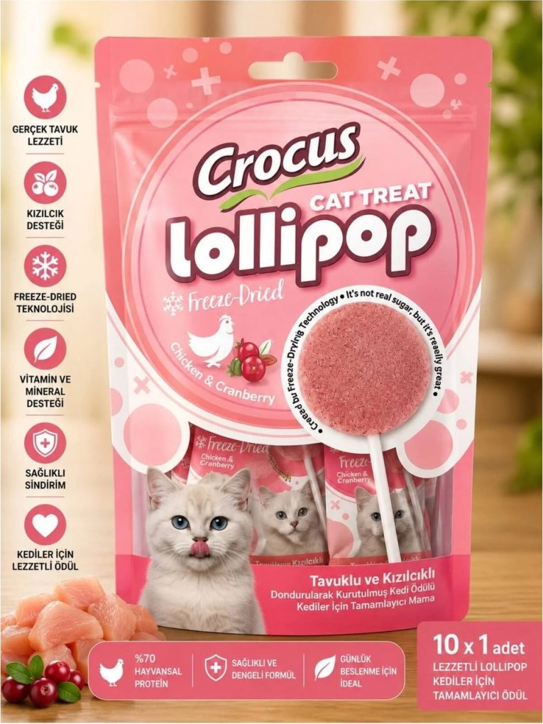Crocus Tavuklu Kızılcıklı Kedi Lolipop 10x1,4G